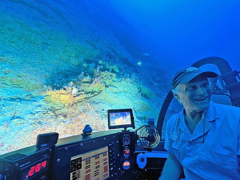 National Geographic Pristine Seas senior marine researcher Alan Friedlander aboard the DeepSee submersible in Rongerik Atoll in t he Marshall Islands.