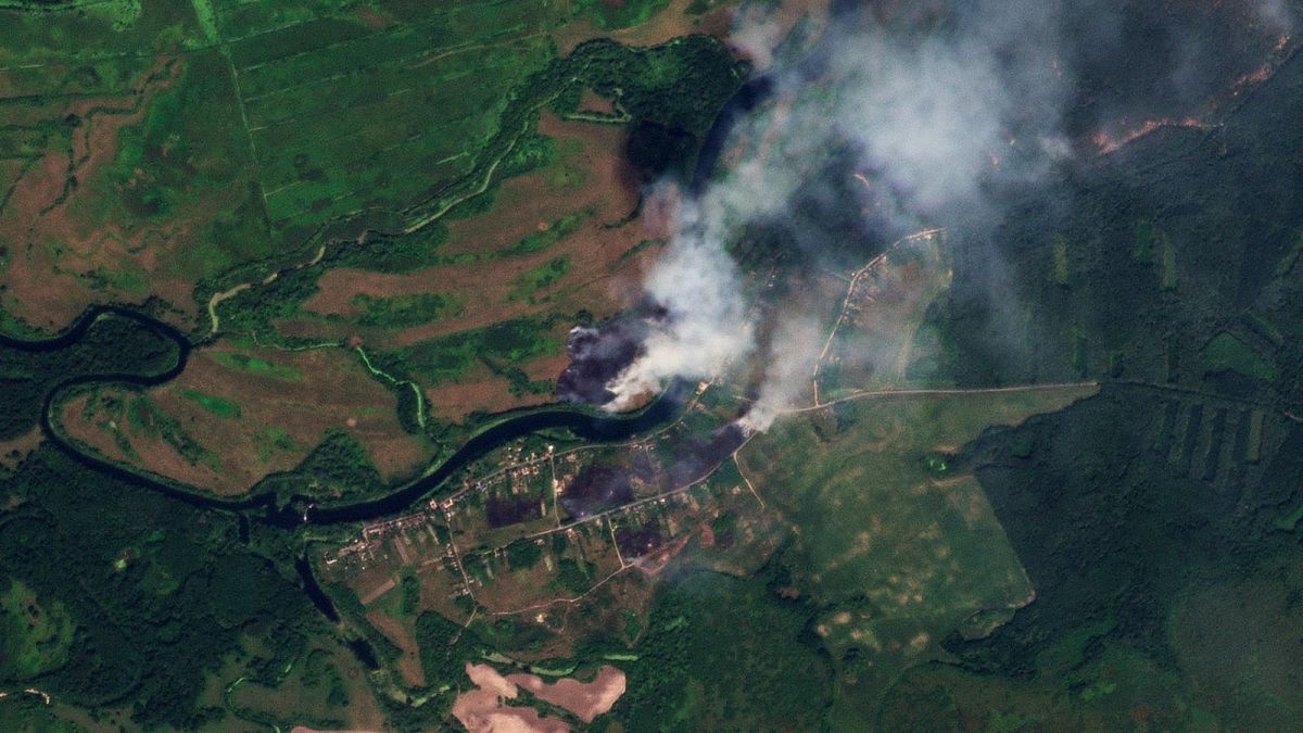 This satellite image released by Planet Labs PBC shows fires near the village of Krasnooktyabrskoe in Russia's Kursk region on Tuesday, Aug. 20, 2024