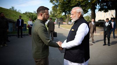 In this photo provided by the Ukrainian Presidential Press Office, shows Indian PM Narendra Modi, left, meeting with Ukrainian President Volodymyr Zelenskyy in Kyiv 28/08/2024