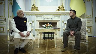 Le président ukrainien Volodymyr Zelensky et le Premier ministre indien Narendra Modi au palais Mariïnsky, le 23 août 2024.