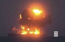 Frame grab from video released by media arm of Yemen's Houthi rebels, purportedly showing attacks on Greek-flagged oil tanker Sounion in the Red Sea, Aug. 23, 2024, 