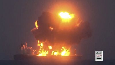 Frame grab from video released by media arm of Yemen's Houthi rebels, purportedly showing attacks on Greek-flagged oil tanker Sounion in the Red Sea, Aug. 23, 2024, 