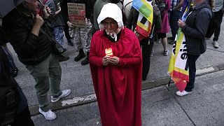 People protest Poland's restrictive abortion law in Warsaw, Poland, on Wednesday June 14, 2023.