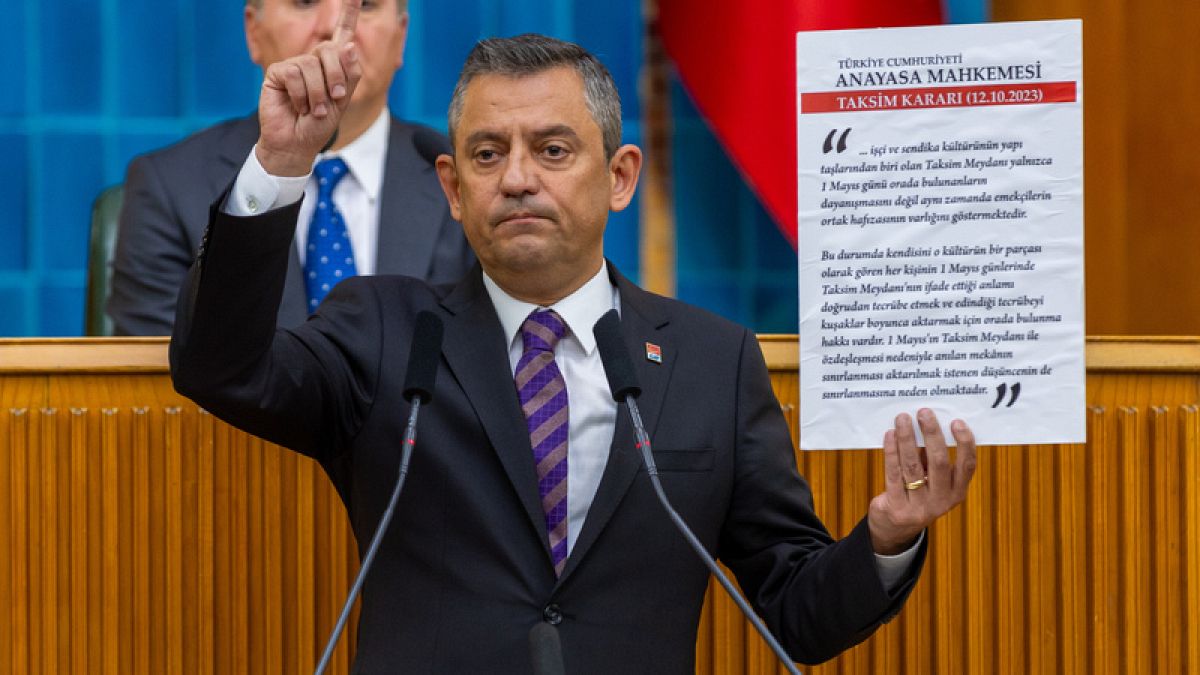 Özgür Özel, TBMM Grup Toplantısı'nda konuşurken Anayasa Mahkemesi'nin bir kararını gösteriyor / Fotoğraf: Cumhuriyet Halk Partisi