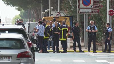 Emergency services outside the synagogue in southwest France where an explosion happened earlier on Saturday, August 24, 2024