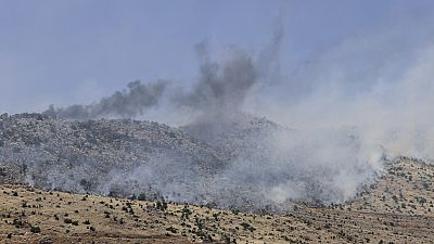 حرائق في بلدة شبعا جنوب لبنان بسبب القصف الإسرائيلي، الجمعة 14 يونيو/حزيران 2024.