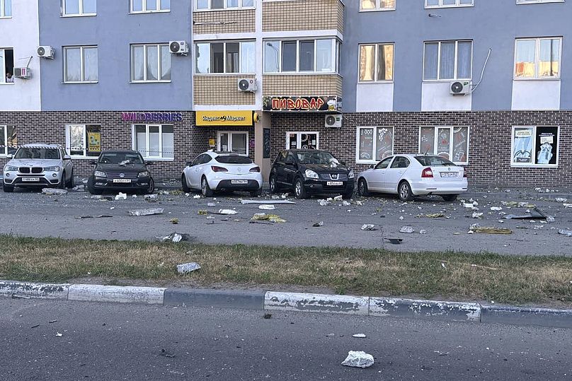 A damaged building after a drone attack on the city of Engels, Saratov region, Russia, Monday, Aug. 26, 2024