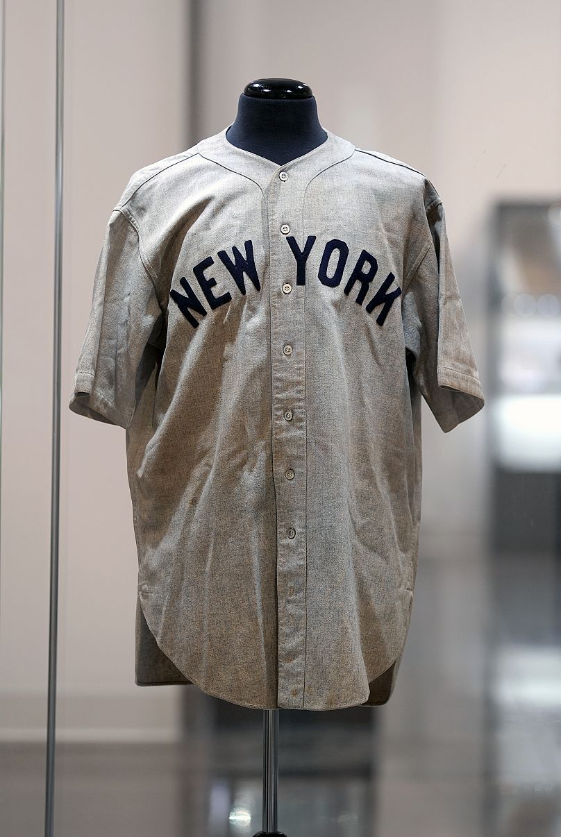 The 1932 Babe Ruth game worn New York Yankees World Series "Called Shot" jersey is displayed at Heritage Auction in Irving, Texas, 21 August 2024. 