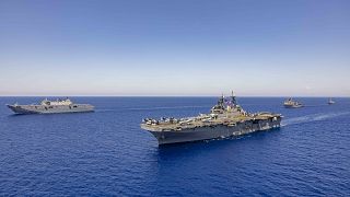 ABD Donanmasına ait USS Wasp (LHD 1) gemisi ve USS Oak Hill (LSD-51), Akdeniz, 14 Ağustos 2024. ABD Donanmasına ait fotoğraf US Navy Institute tarafından yayınlanmıştır.