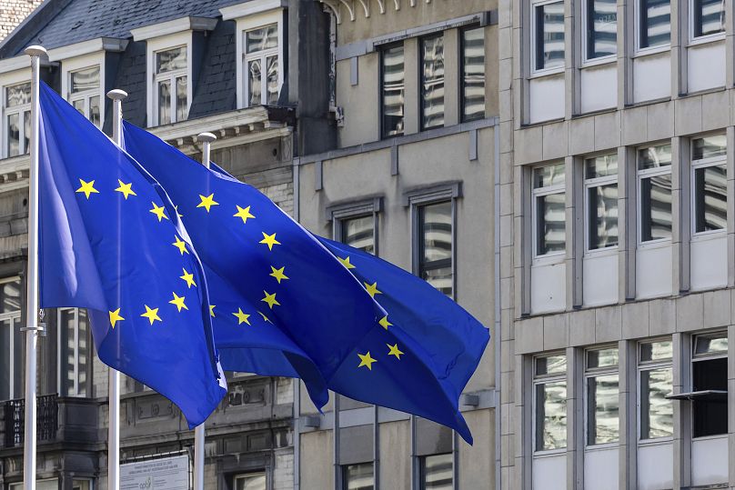 European Union flags flap in the wind ahead of an EU summit in Brussels, June 2024