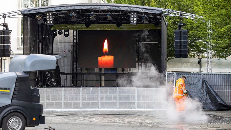 The crime scene of Friday's deadly attack at the city's 650th anniversary celebrations, is cleaned up early in the morning by cleaning staff in Solingen, Germany, 26/8/2024