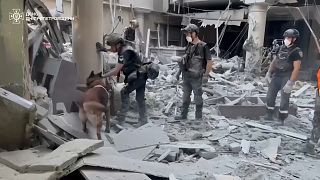 Screenshot of video showing debris from Russian airstrike on building in Kryvi Rih, Ukraine, Aug 27th 2024