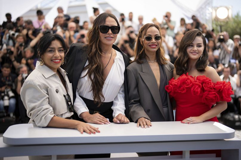 From left Adriana Paz, Karla Sofia Gascon, Zoe Saldana and Selena Gomez at 'Emilia Perez' photocall during Cannes Film Festival, May 19, 2024 