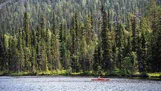 A paddler on Lake Kesanki in Akaslompolo, Kolari, Lapland, Northern Finland, July 2021, during a heatwave.