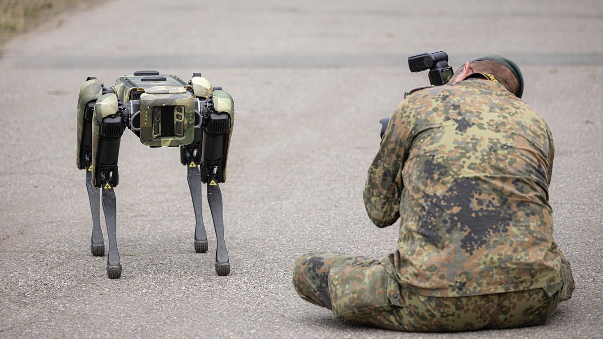 Bir asker, robotik savaş köpeğinin fotoğrafını çekerken görüntüleniyor (Arşiv)