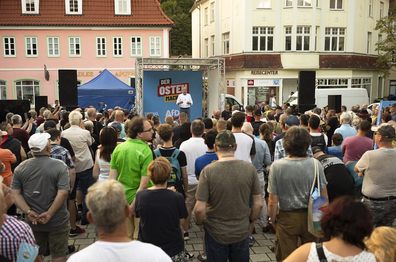 Bjoern Hoecke, top candidate of the far-right Alternative for Germany party, or AfD, speaks on an election campaign rally of the party for upcoming state elections