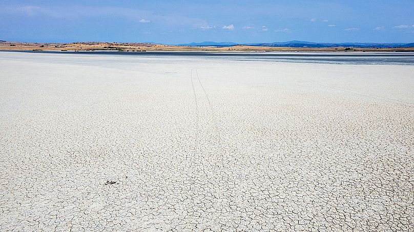 The dried out Lake Picrolimni is seen from above, in the village of Mikrokampos, northern Greece, 19 August 2024. 