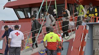 Young migrants arrive in the port of La Restinga at El Hierro in the Canary Islands in June.