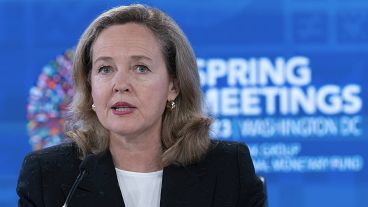 Current President of the EIB Nadia Calviño speaks at a World Bank/IMF meeting - before her appointment at the EIB. 14 April 2023.