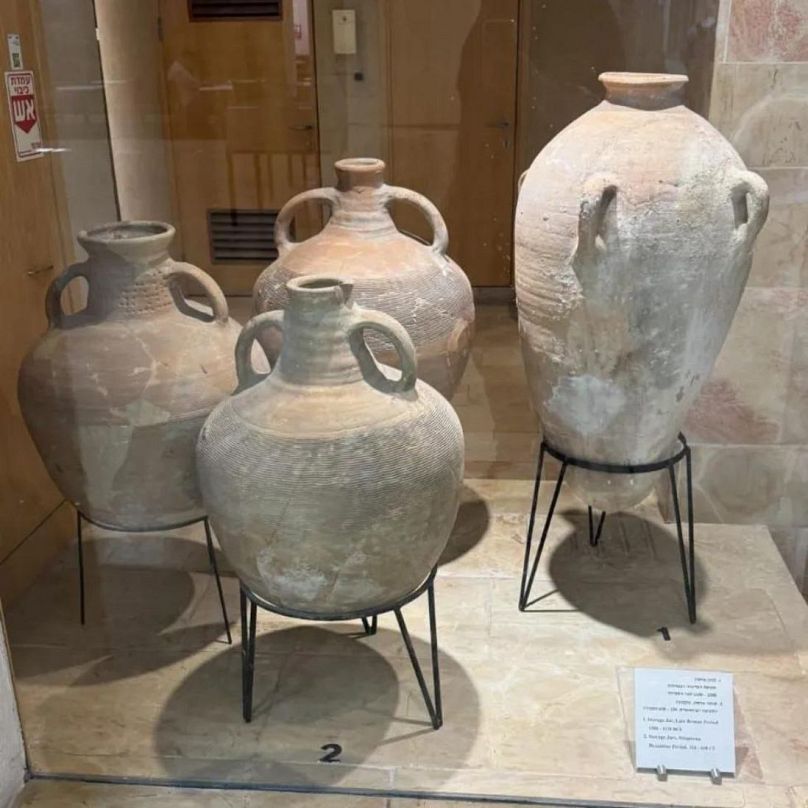 The intact jars on display at the Hecht Museum in the University of Haifa.