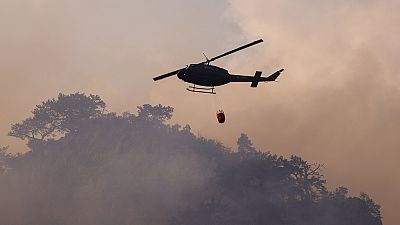 Symbolbild: Ein Hubschrauber wirft Wasser über einem Feuer in Tjentiste, Bosnien, Dienstag, 13. August 2024, ab.