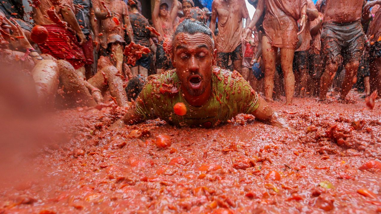 A reveller lies in a pool of squashed tomatoes during the annual "Tomatina" tomato fight fiesta.