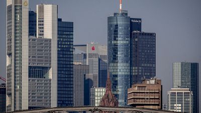 The buildings of the banking district are seenin Frankfurt, Germany, Monday, April 6, 2020.