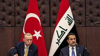 Cumhurbaşkanı Recep Tayyip Erdoğan ve Irak Başbakanı Muhammed Şiya es-Sudani, Bağdat, 22 Nisan 2024.