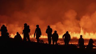 Des touristes et des visiteurs tentent d'avoir une vue de l'éruption volcanique dans le sud-ouest de l'Islande, le 22 août 2024.