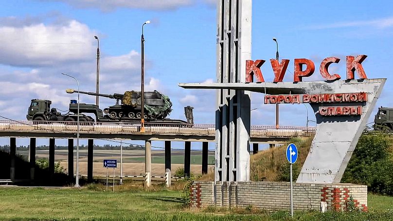 A Russian military column moves to fight Ukrainian forces in the Sudzhansky district of the Kursk region of Russia, August 9, 2024