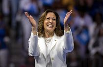 Democratic presidential nominee Vice President Kamala Harris speaks at a campaign rally in Savannah, Georgia.