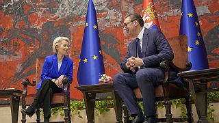 Serbian President Aleksandar Vucic, right, speaks with European Commission President Ursula von der Leyen at the Serbia Palace in Belgrade, Serbia, Tuesday, Oct. 31, 2023. 