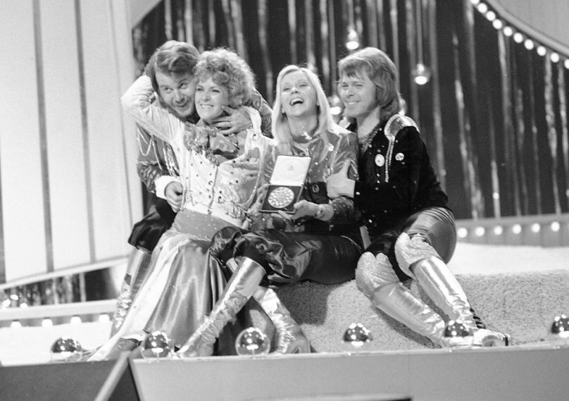 Swedish pop group ABBA celebrate winning the Eurovision Song Contest at the Brighton Dome in England with their song Waterloo, April 6, 1974