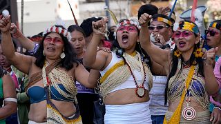 Waorani Indigenous women take part in a demonstration in Quito, Ecuador, 20 August 2024.