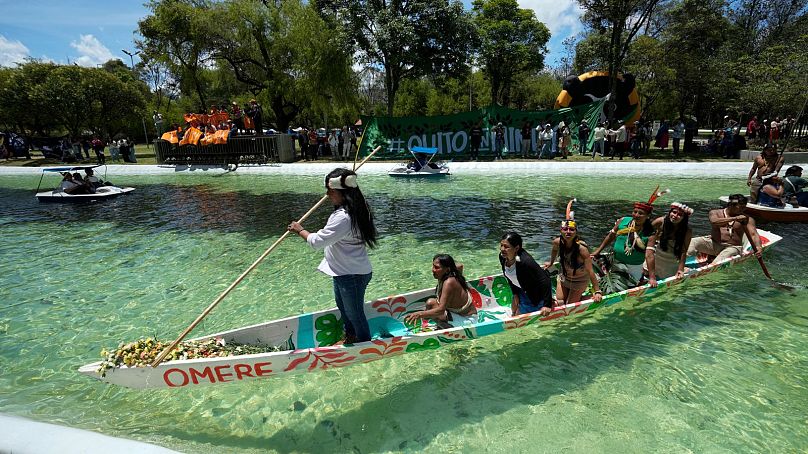 Waorani Indigenous women take part in a demonstration in Quito on 20 August 2024, demanding authorities comply with the decision to halt oil drilling.