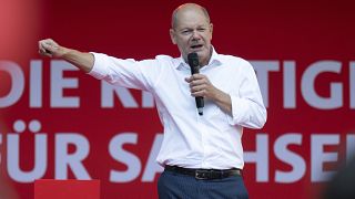 German Chancellor Olaf Scholz speaks at the SPD's election campaign closing in Chemnitz, August 30, 2024