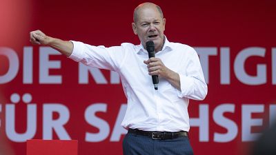 German Chancellor Olaf Scholz speaks at the SPD's election campaign closing in Chemnitz, August 30, 2024