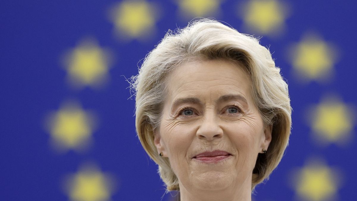 European Commission President Ursula von der Leyen addresses the plenary at the European Parliament in Strasbourg, eastern France, Thursday, July 18, 2024.