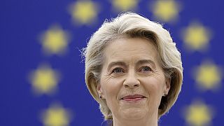 European Commission President Ursula von der Leyen addresses the plenary at the European Parliament in Strasbourg, eastern France, Thursday, July 18, 2024.