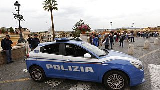 An Italian Police is parked car atop the Spanish Steps hours before the Champions League semifinal second leg soccer match between Liverpool and Roma