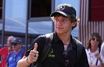 Mercedes driver Andrea Kimi Antonelli of Italy gives a thumbs up at the Monza racetrack, in Monza, Italy, on Thursday, August 29, 2024.