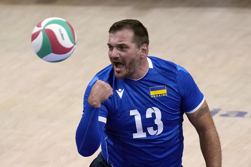 Dmytro Melnyk of Ukraine reacts during the men's preliminary round sitting volleyball game against Iran at the 2024 Paralympics, Friday, Aug. 30, 2024, in Paris, France.