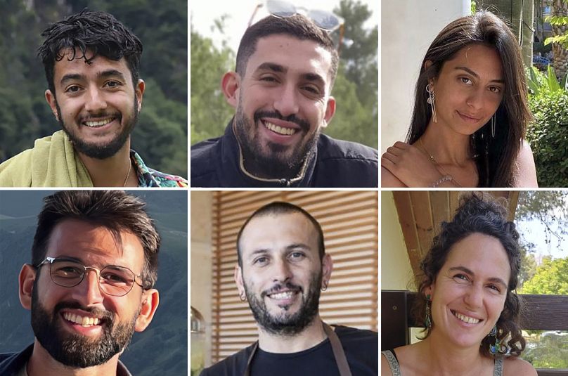 Seis fotografias dos reféns: Hersh Goldberg-Polin, Ori Danino, Eden Yerushalmi, Almog Sarusi, Alexander Lobanov e Carmel Gat, que foram mantidos reféns pelo Hamas em Gaza