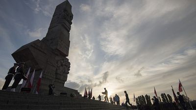 Koszorúzás a Westerplatte-félsziget háborús emlékművénél Lengyelországban 2024. szeptember 1-jén