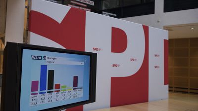 A screen shows first exit polls of the state election in Thuringia at the headquarters of the SPD in Berlin, September 1, 2024