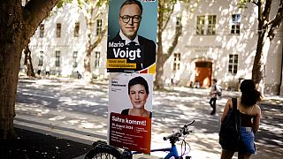 Wahlplakate der CDU mit Spitzenkandidat Mario Voigt und des Bündnisses Sahra Wagenknecht in Jena, 13. August 2024.