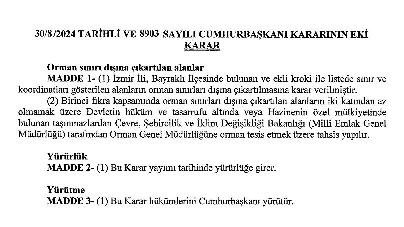 İzmir Bayraklı'da yangınlarından etkilenen bölgelerin de bulunduğu 375 hektarlık alan orman sınırları dışına alındı. 