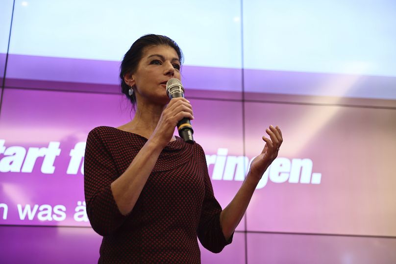 Party chairwoman Sahra Wagenknecht speaks at the BSW election party after the first exit polls for the state elections in Erfurt, September 1, 2024