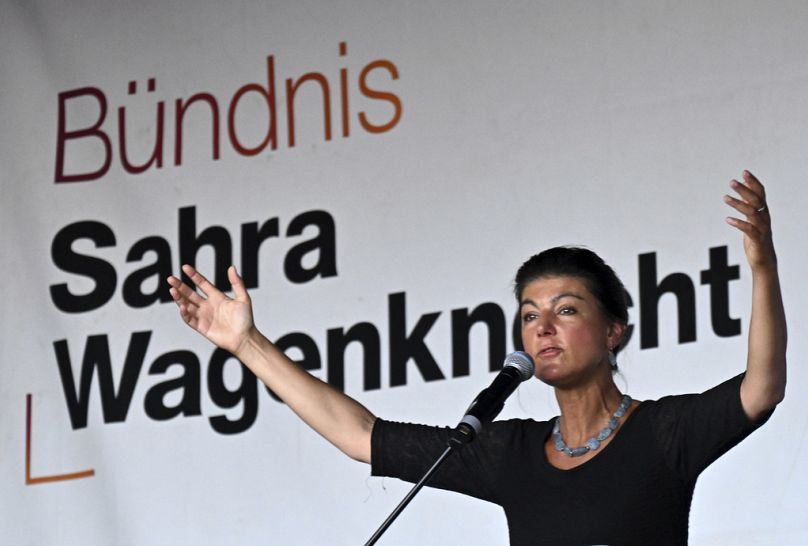 Sahra Wagenknecht, Chairwoman of the Sahra Wagenknecht Alliance (BSW), stands on stage during the election campaign event on Erfurt Cathedral Square, Germany, Thursday Aug. 29