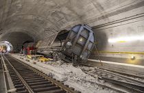 Damaged freight wagons are seen at the scene of the accident in the Gotthard base tunnel near Faido, September 6, 2023